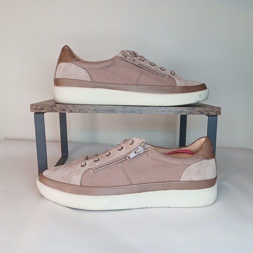 Vionic Mayra Sneaker Women 8 Brown Good Canvas Suede Side Zip Low Top Platform